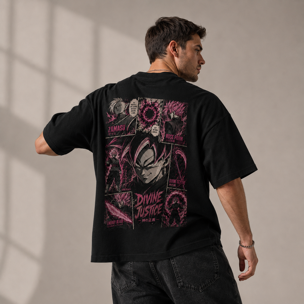 Dragon Ball Anime Graphic Tee - Divine Justice: Goku Black in Rose-Toned Panel Graphic
