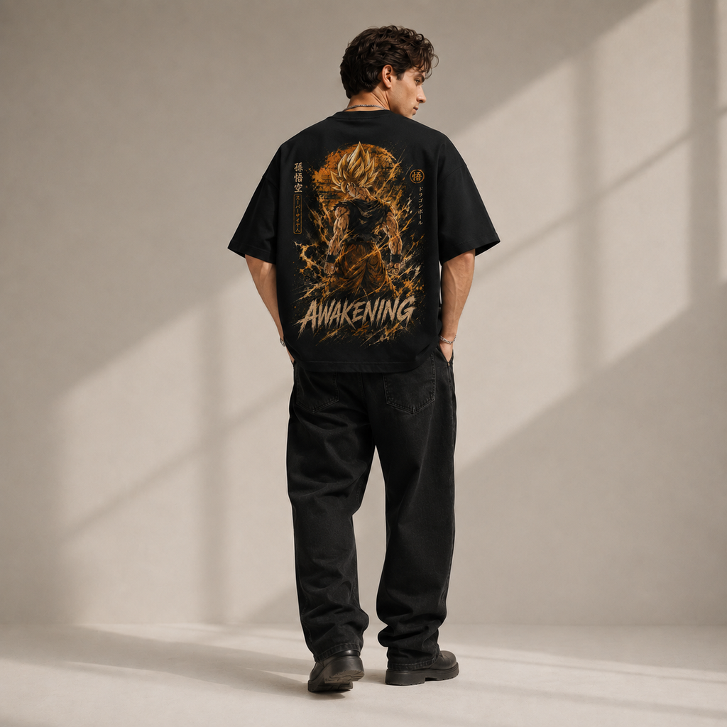 Dragon Ball Anime Graphic Tee - Awakening: Goku Mid-Transformation, Raw Power in Gold