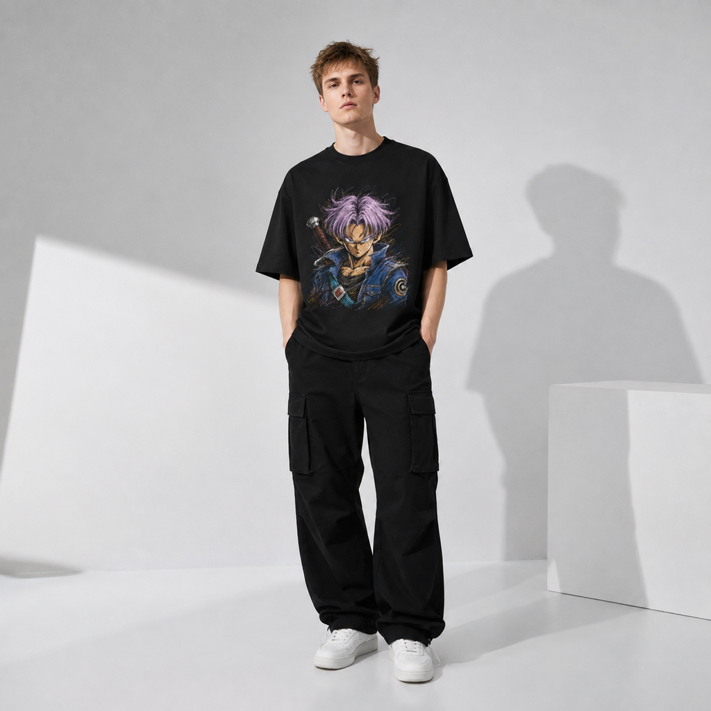 Dragon Ball Anime Graphic Tee - Sketched Resolve: Trunks, Lavender Lines and a Steady Stare