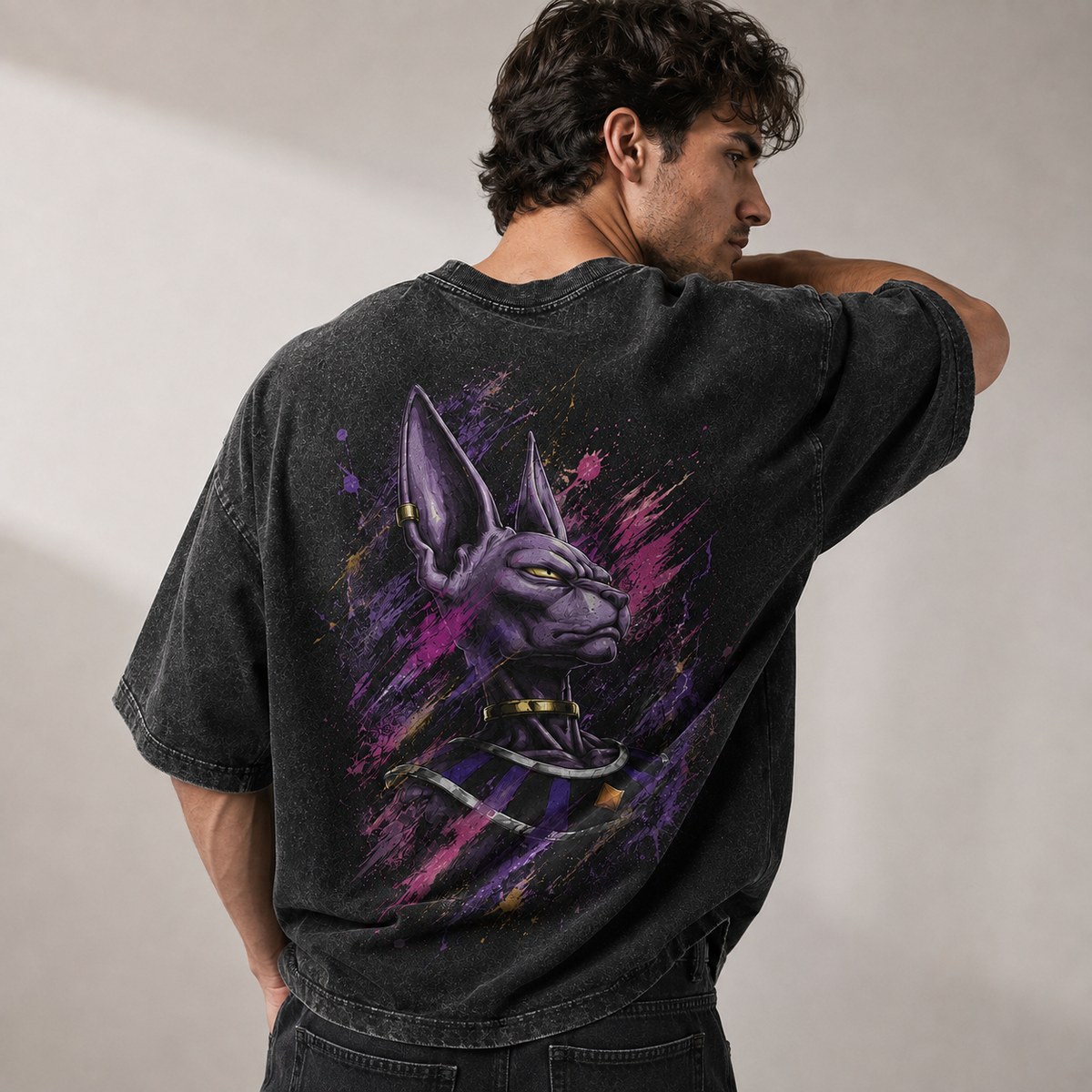 Dragon Ball Anime Graphic Tee - Violet Composure: Beerus in Splattered Portrait Stillness