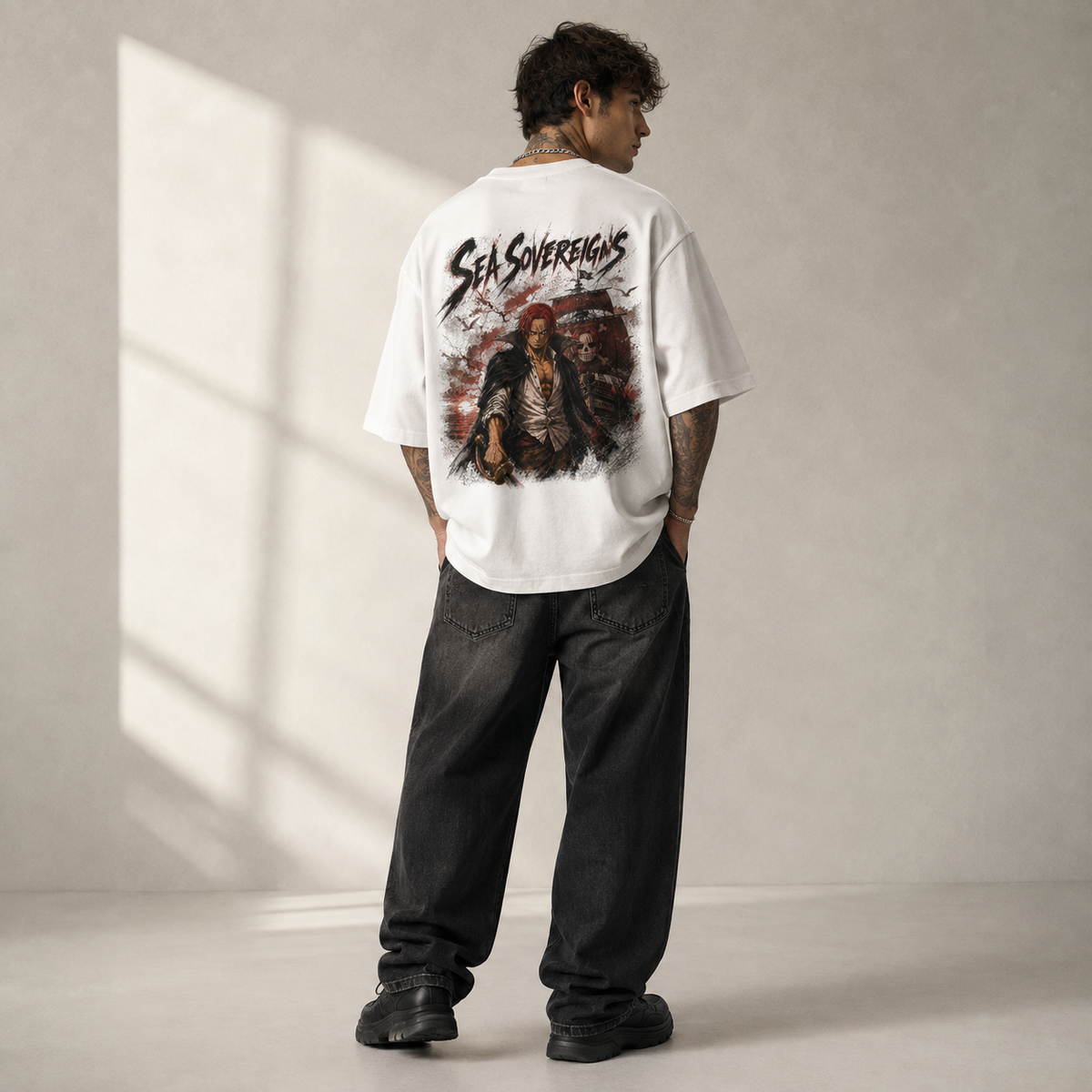 One Piece Anime Graphic Tee - Sea Sovereigns: Shanks, Crimson Ink and Commanding Presence