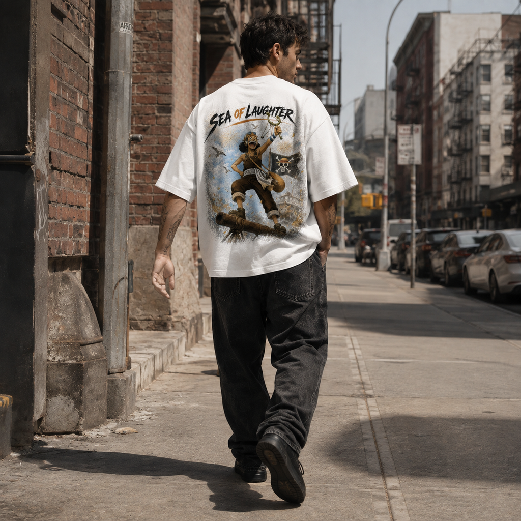 One Piece Anime Graphic Tee - Sea of Laughter: Usopp, the Cannon and the Raised Slingshot