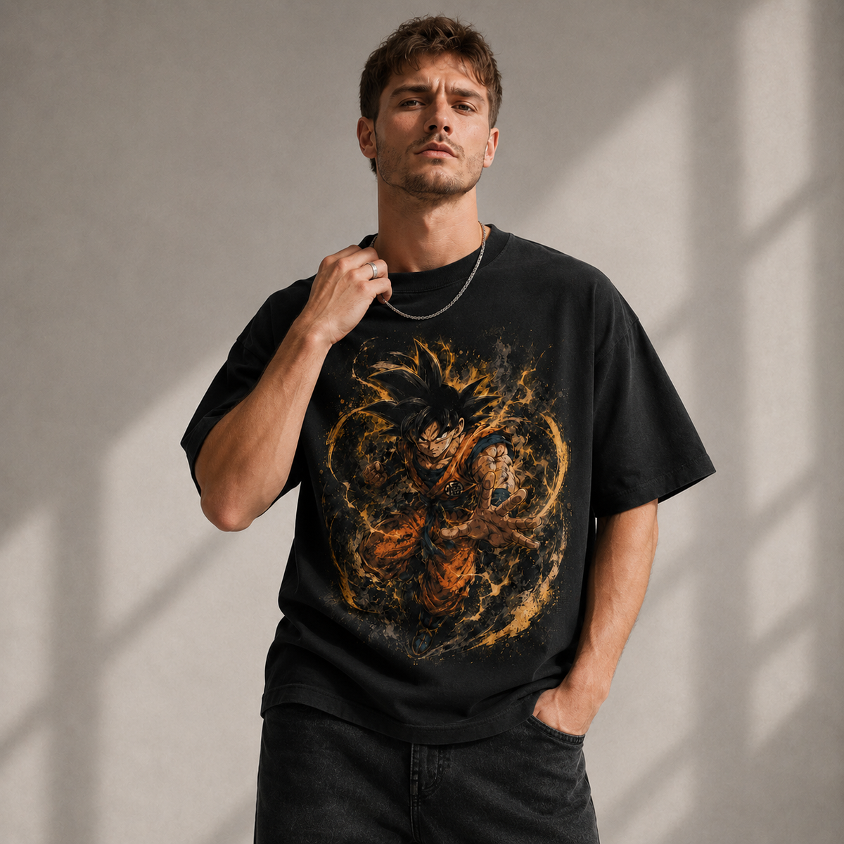 Dragon Ball Anime Graphic Tee - Amber Surge: Goku Unleashed, Directional