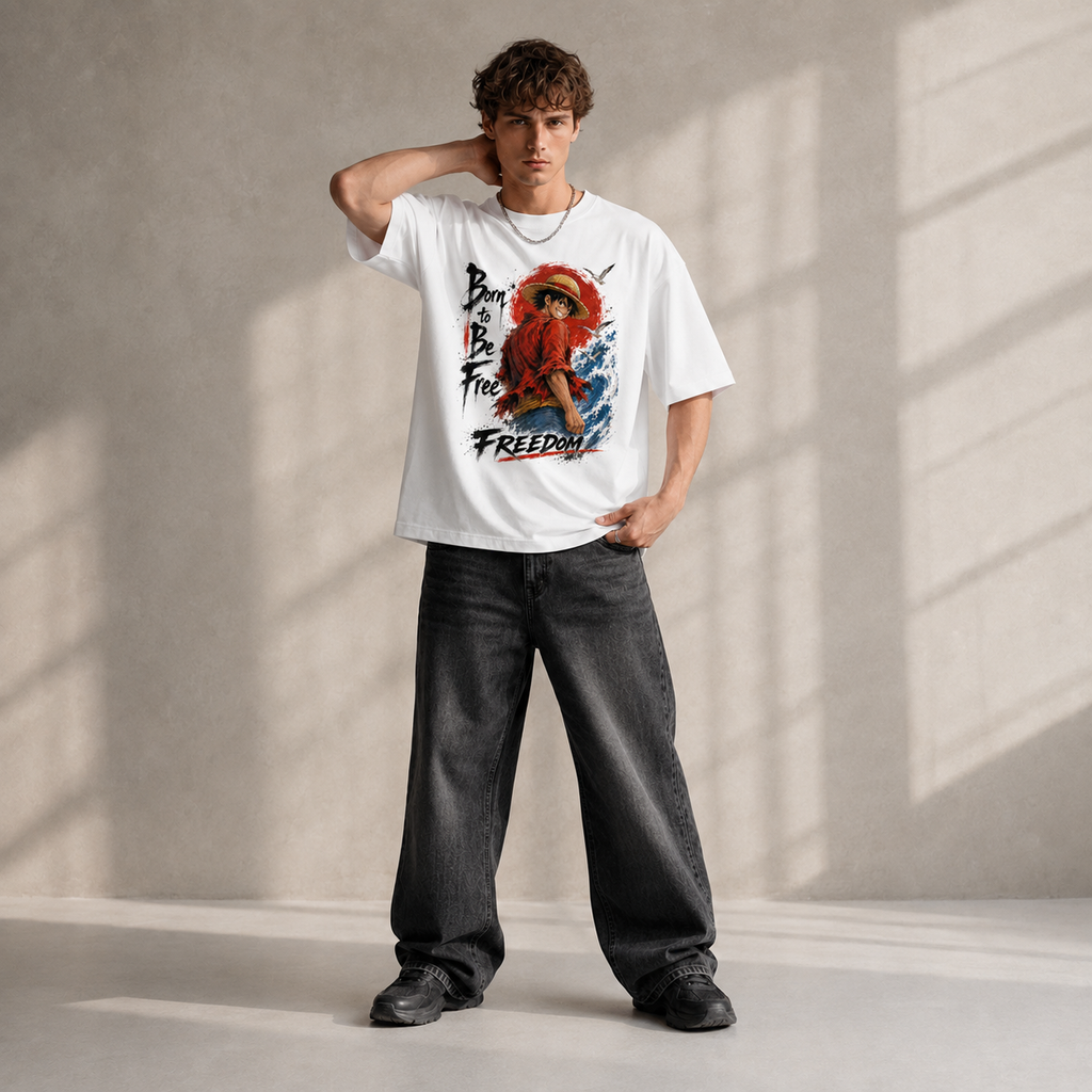 One Piece Anime Graphic Tee - Born to Be Free: Luffy, the Red Sun and a Backward Glance