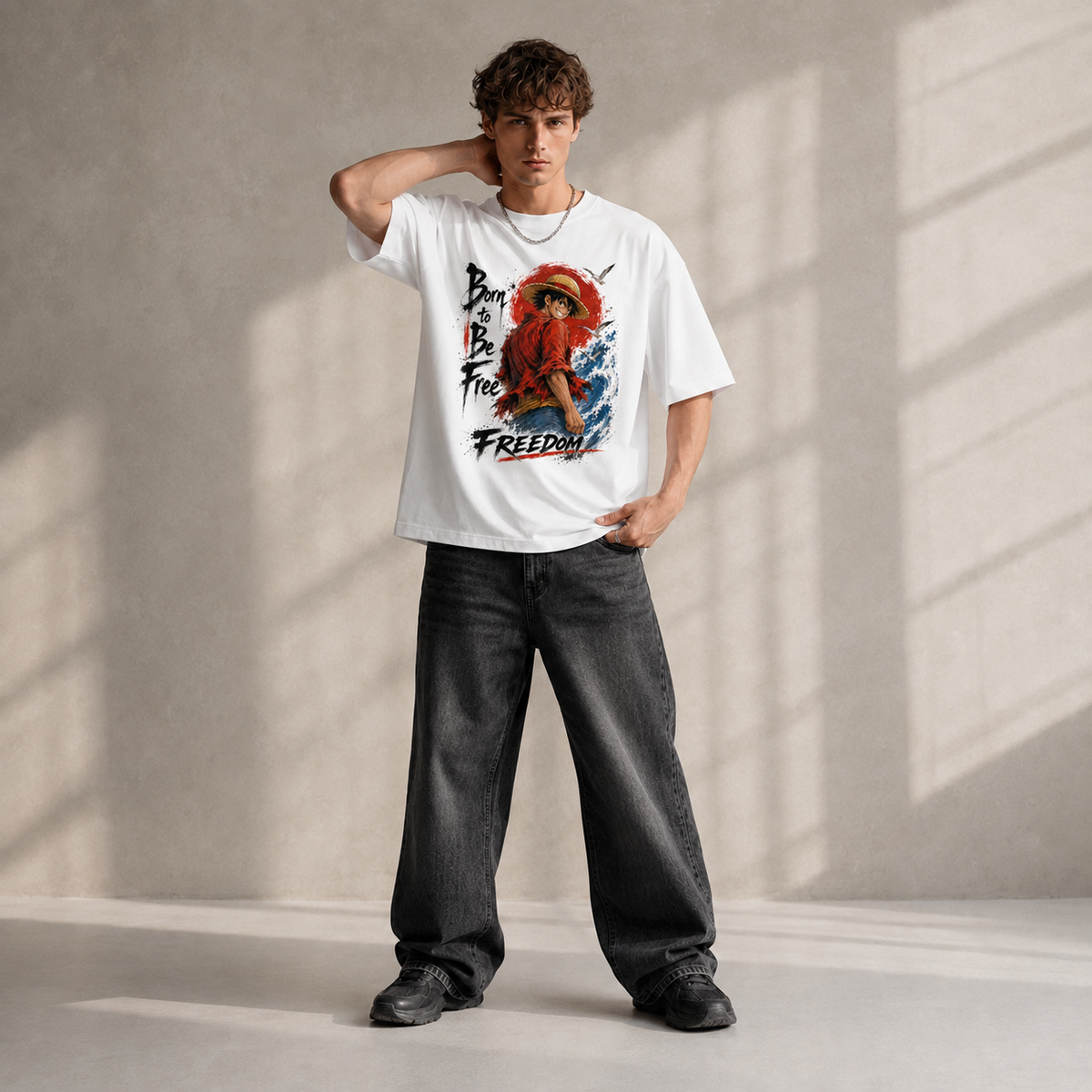 One Piece Anime Graphic Tee - Born to Be Free: Luffy, the Red Sun and a Backward Glance