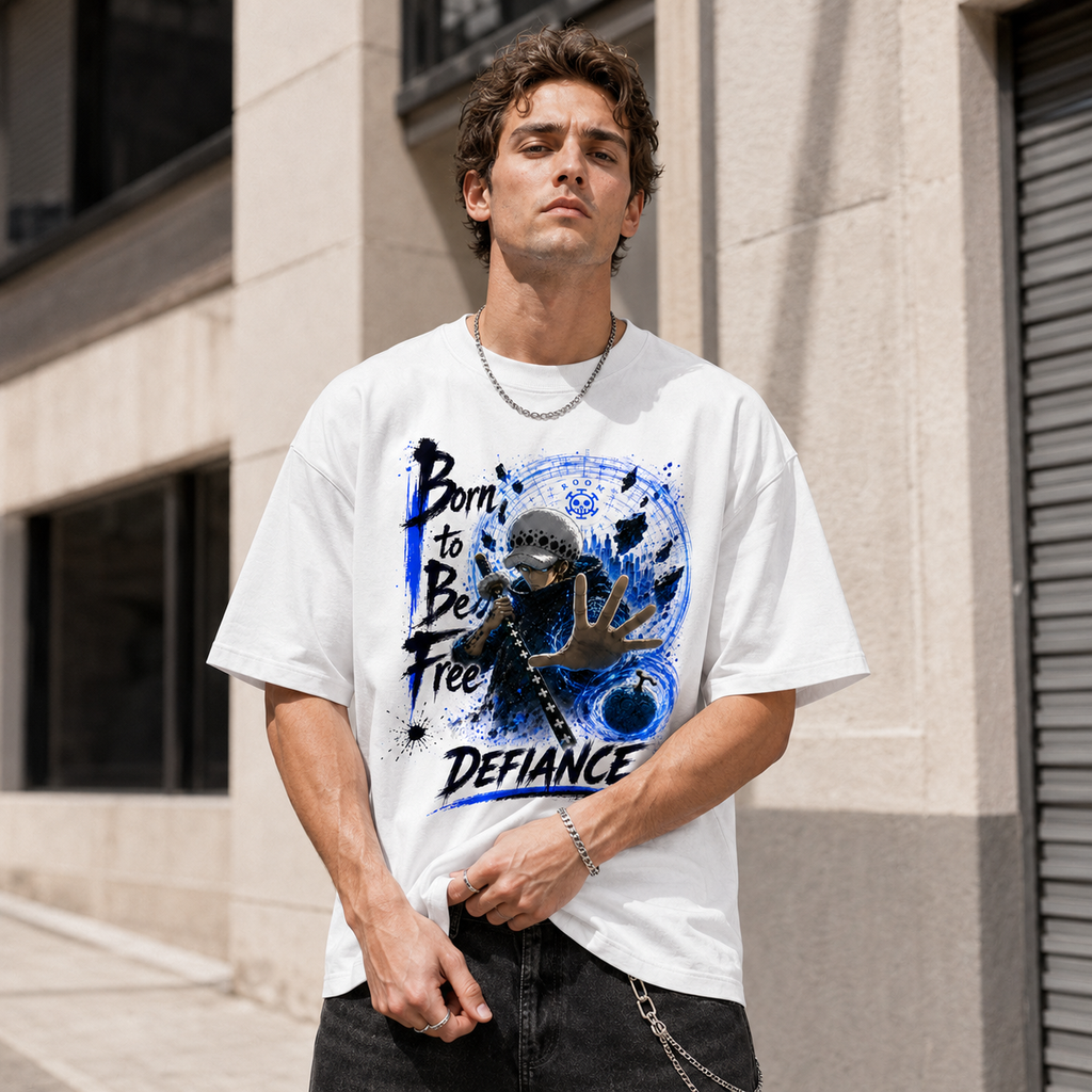One Piece Anime Graphic Tee - Born to Be Free: Trafalgar Law and the Blue Room of Defiance
