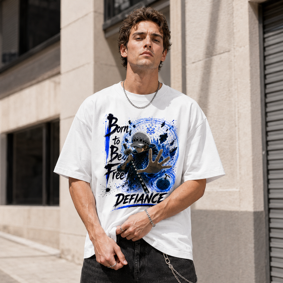 One Piece Anime Graphic Tee - Born to Be Free: Trafalgar Law and the Blue Room of Defiance