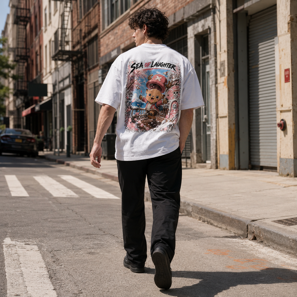 One Piece Anime Graphic Tee - Sea of Laughter: Chopper in Blossom, Movement and Joy