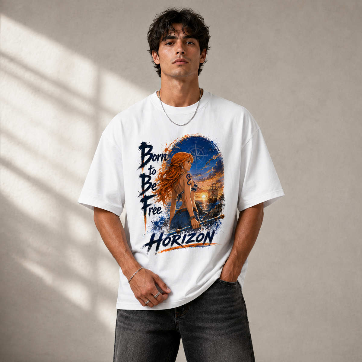 One Piece Anime Graphic Tee - Born to Be Free: Nami and the Horizon She Chose