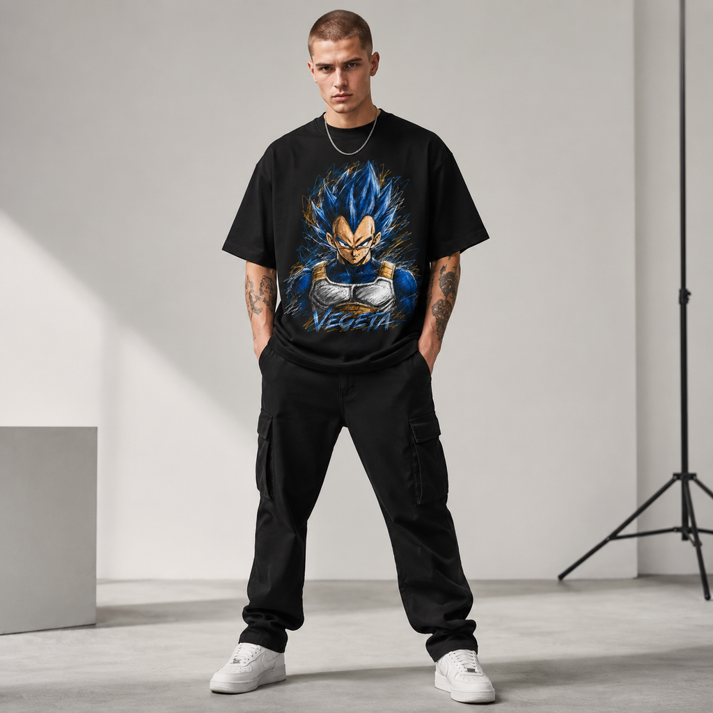 Dragon Ball Anime Graphic Tee - Controlled Chaos: Vegeta's Unbroken Stare in Blue Ink