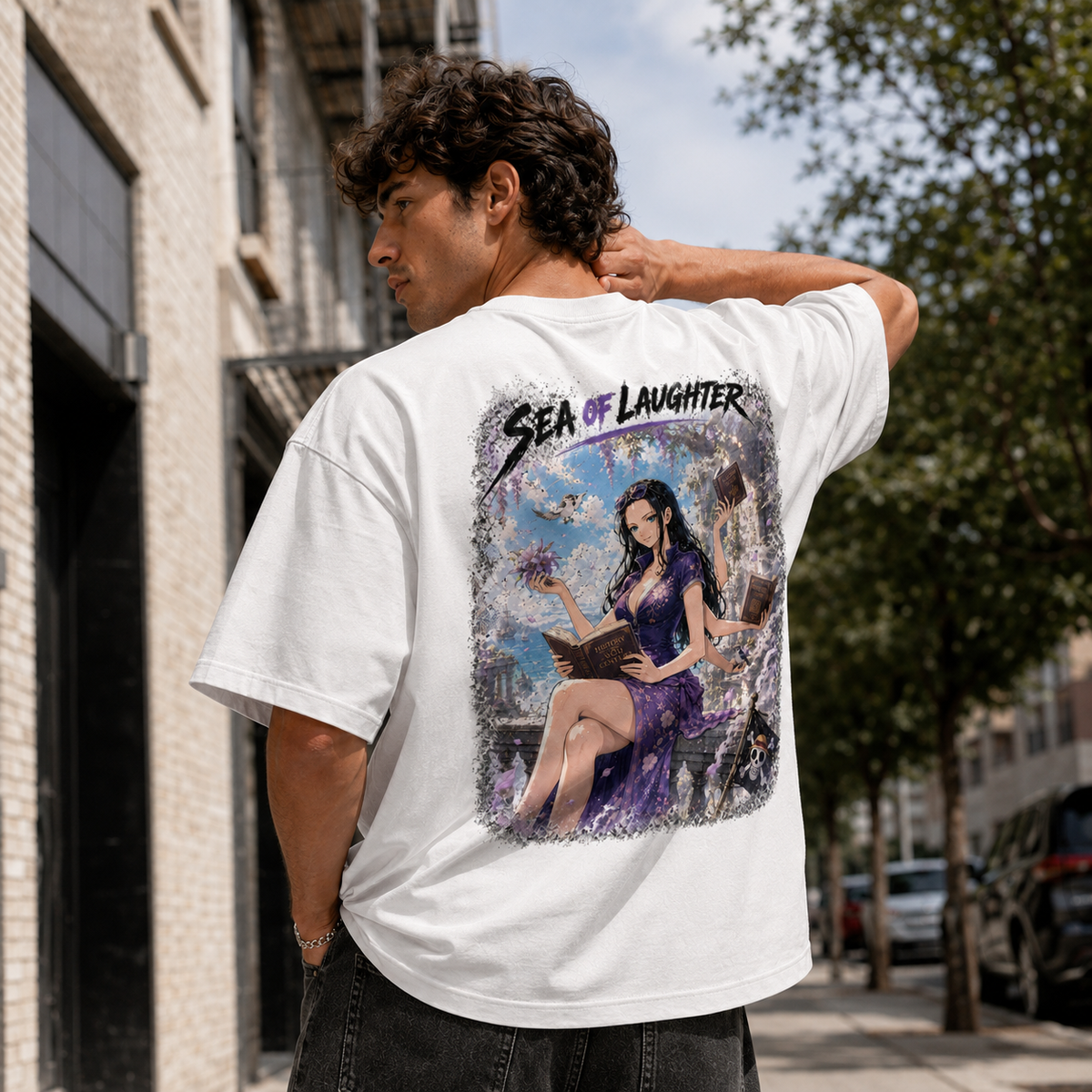 One Piece Anime Graphic Tee - Sea of Laughter: Nico Robin, Violet Calm and Ancient Pages