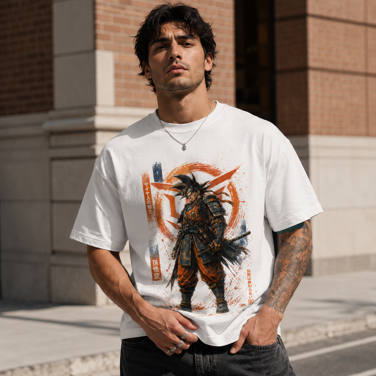 Dragon Ball Anime Graphic Tee - The Legend Endures: Goku Reimagined in Samurai Ink
