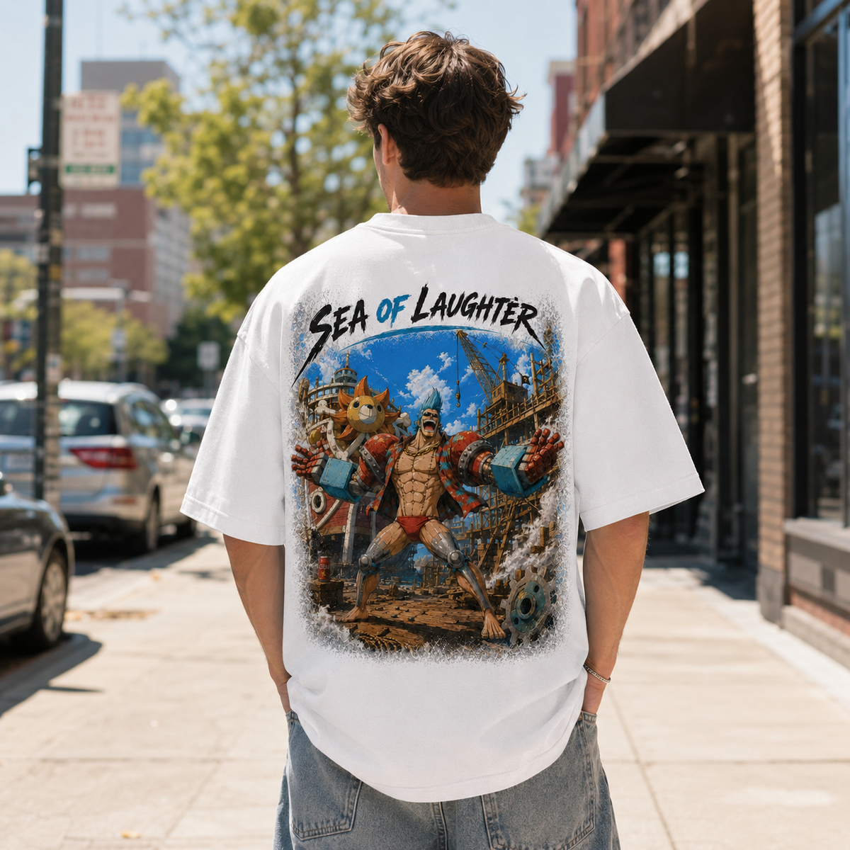 One Piece Anime Graphic Tee - Sea of Laughter: Franky, Dockyard Stance in Full Motion