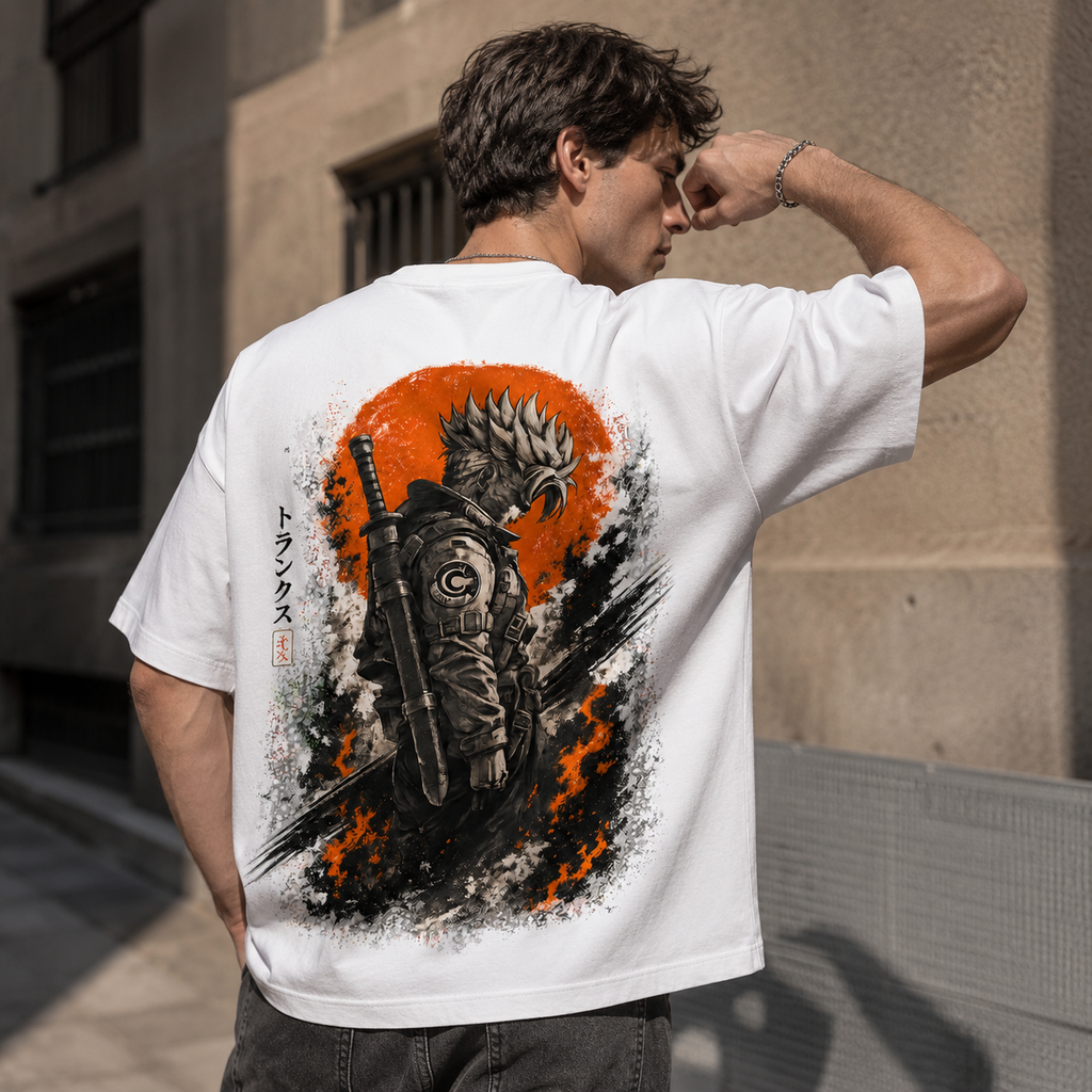 Dragon Ball Anime Graphic Tee - Trunks in Silhouette: Red Sun, Ink and Quiet Resolve
