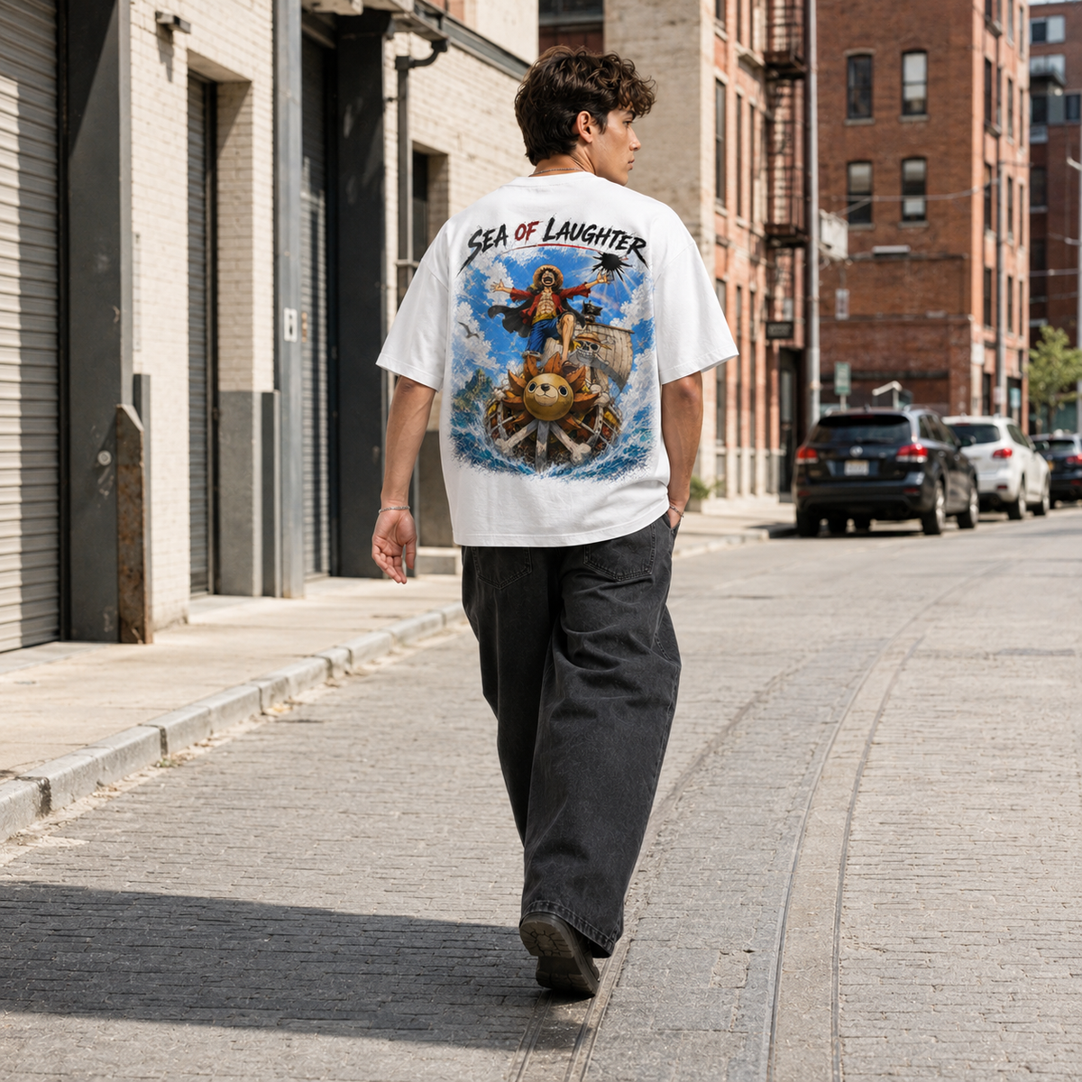 One Piece Anime Graphic Tee - Sea of Laughter: Luffy, Open Arms and an Open Horizon