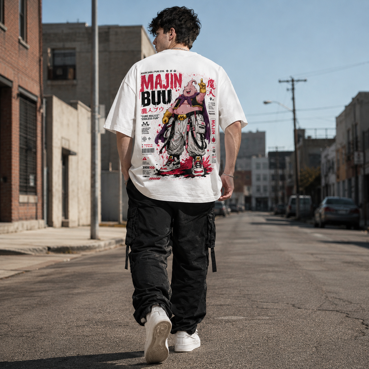Dragon Ball Anime Graphic Tee - Endless Fun: Majin Buu, Magenta Splatter and a Raised Finger