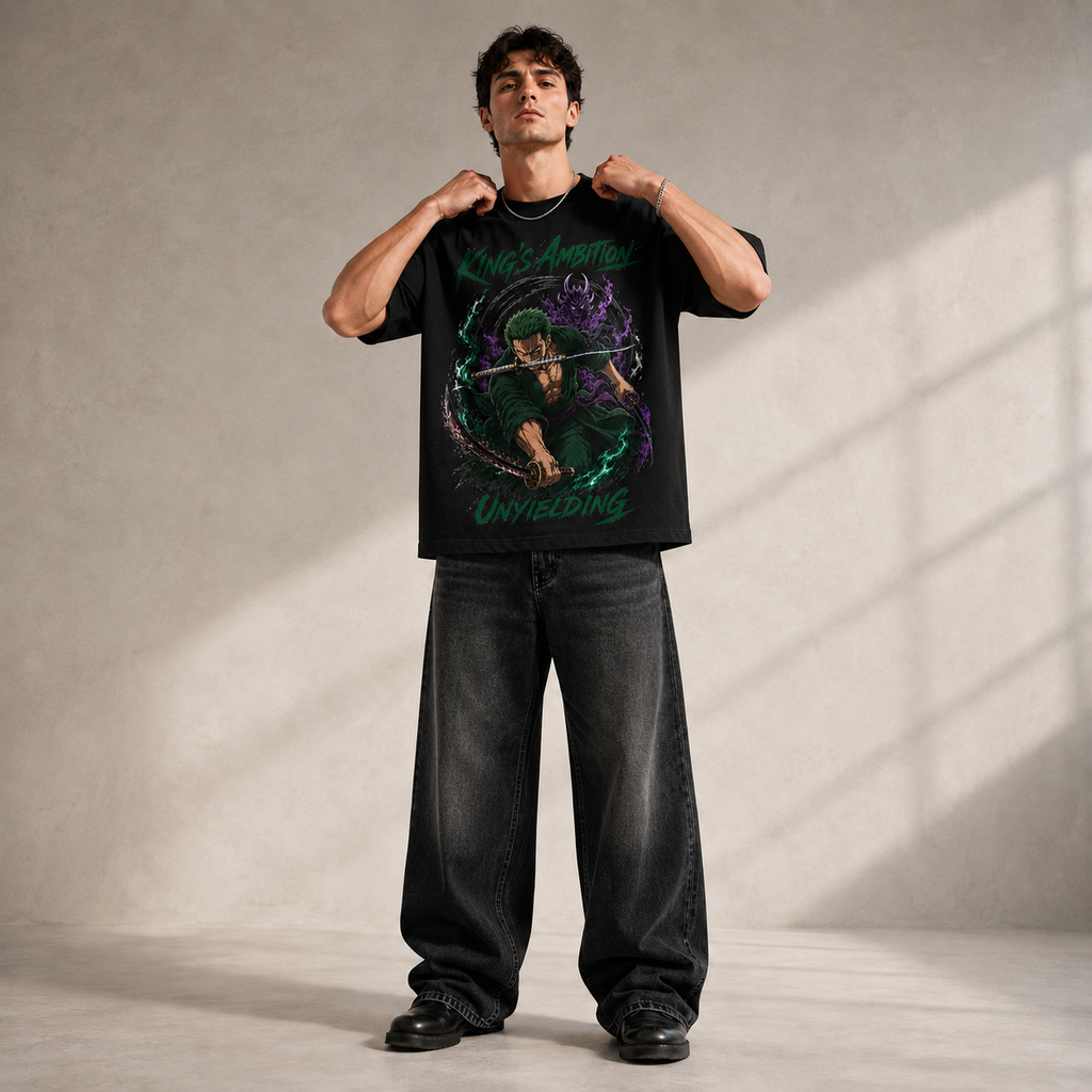 One Piece Anime Graphic Tee - King's Ambition Unyielding: Zoro Three-Sword Strike