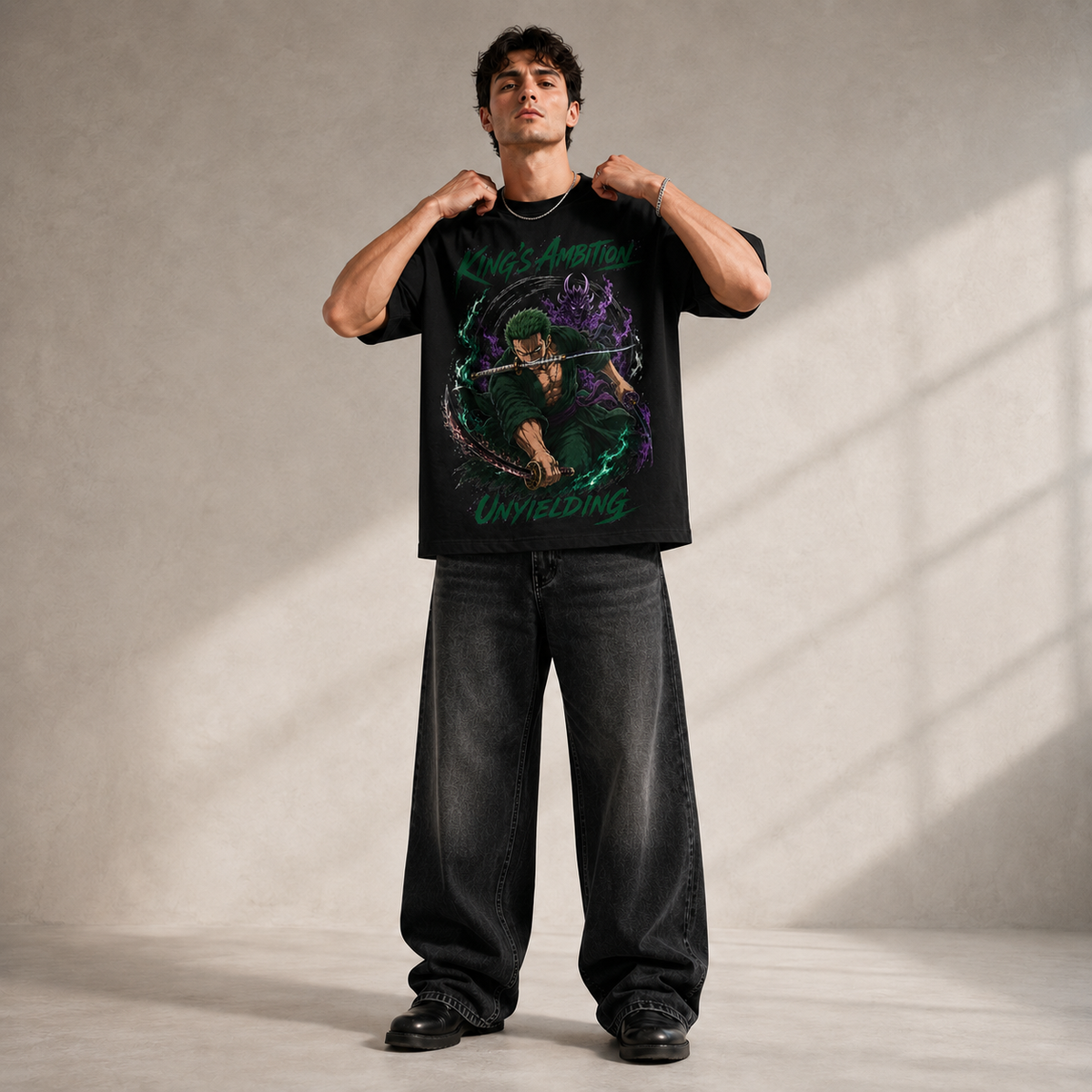 One Piece Anime Graphic Tee - King's Ambition Unyielding: Zoro Three-Sword Strike