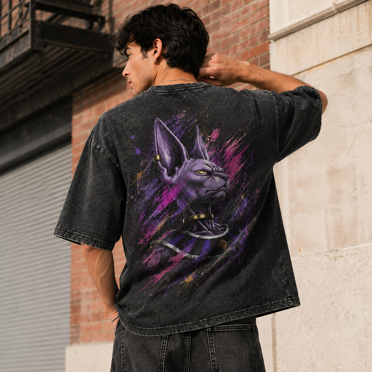 Dragon Ball Anime Graphic Tee - Violet Composure: Beerus in Splattered Portrait Stillness