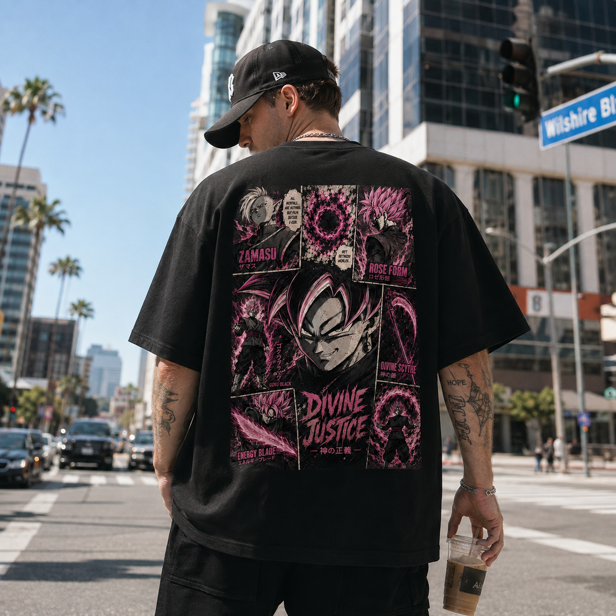 Dragon Ball Anime Graphic Tee - Divine Justice: Goku Black in Rose-Toned Panel Graphic