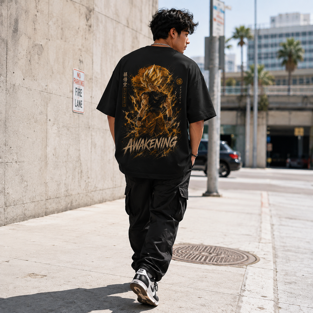Dragon Ball Anime Graphic Tee - Awakening: Goku Mid-Transformation, Raw Power in Gold