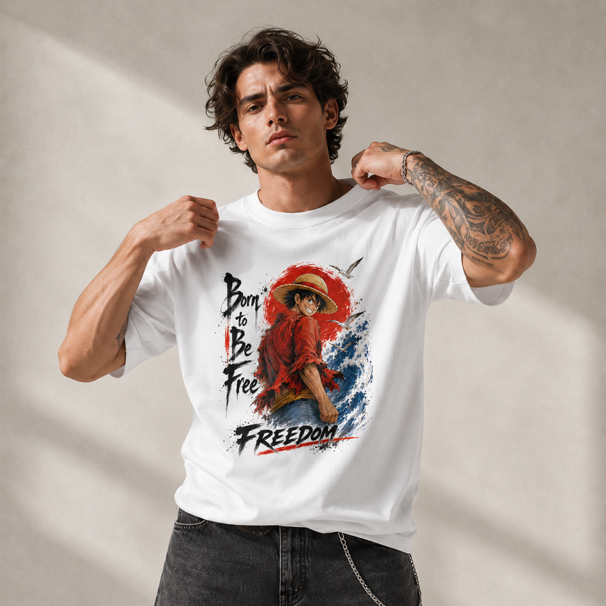 One Piece Anime Graphic Tee - Born to Be Free: Luffy, the Red Sun and a Backward Glance