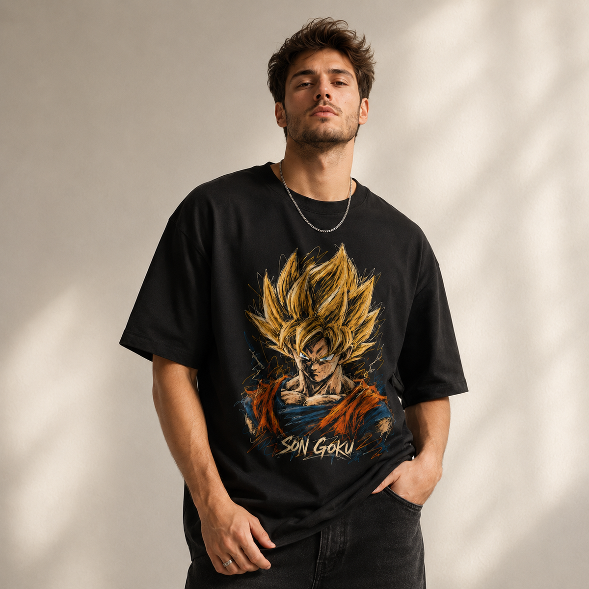 Dragon Ball Anime Graphic Tee - Son Goku: Sketched Gold, Quiet Resolve on Black