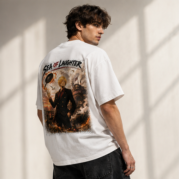 One Piece Anime Graphic Tee - Sea of Laughter: Sanji, the Spinning Pan and the Baratie Glow