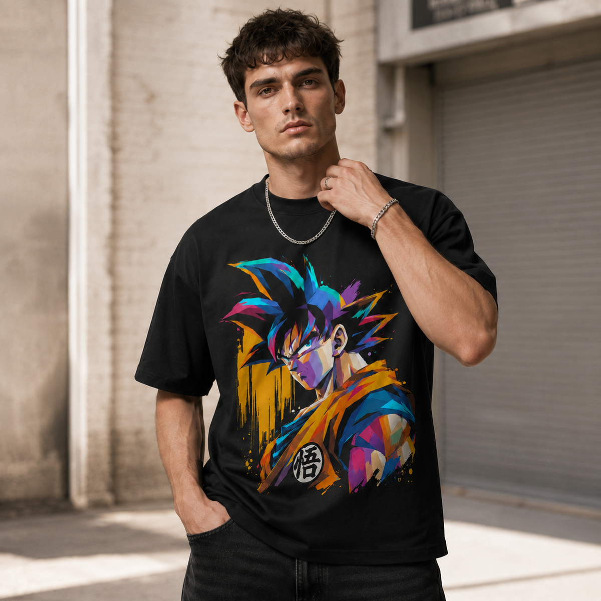 Dragon Ball Anime Graphic Tee - Kanji and Colour: Goku in a Portrait of Quiet Resolve