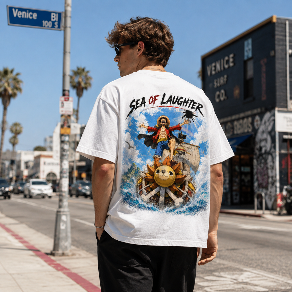 One Piece Anime Graphic Tee - Sea of Laughter: Luffy, Open Arms and an Open Horizon