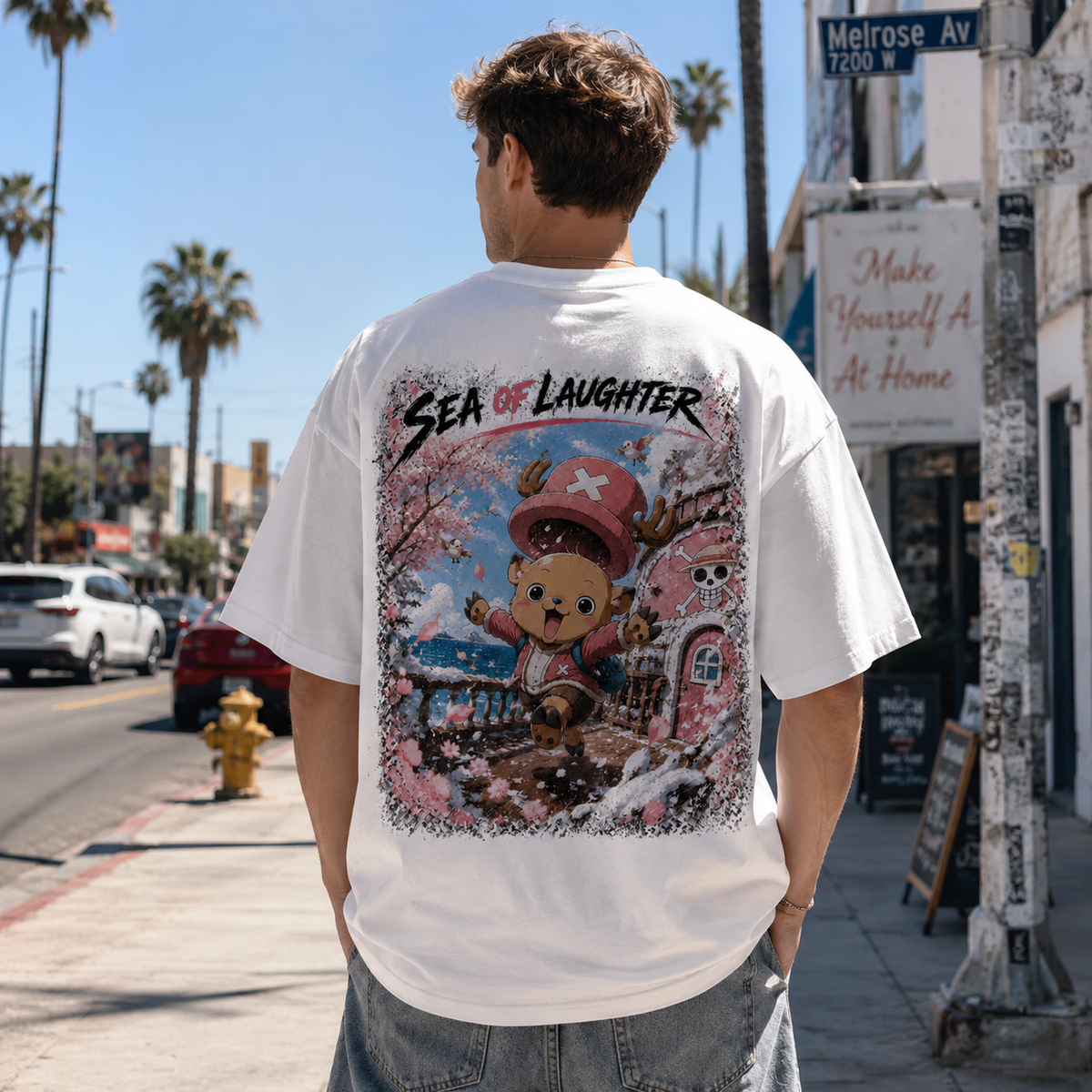 One Piece Anime Graphic Tee - Sea of Laughter: Chopper in Blossom, Movement and Joy