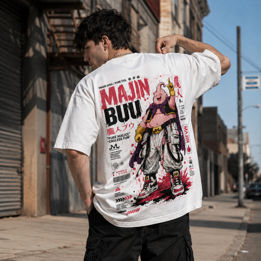 Dragon Ball Anime Graphic Tee - Endless Fun: Majin Buu, Magenta Splatter and a Raised Finger