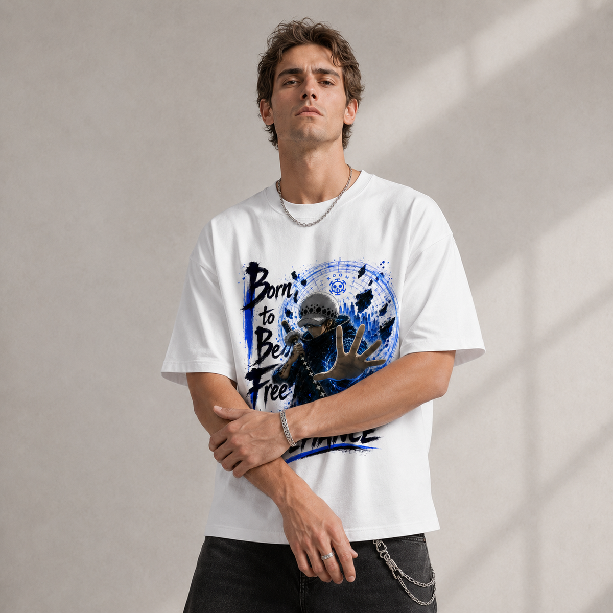 One Piece Anime Graphic Tee - Born to Be Free: Trafalgar Law and the Blue Room of Defiance