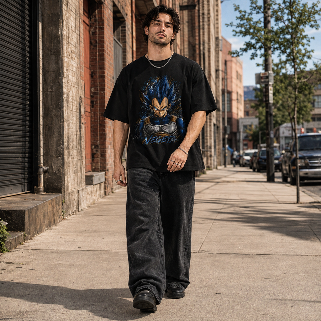 Dragon Ball Anime Graphic Tee - Controlled Chaos: Vegeta's Unbroken Stare in Blue Ink