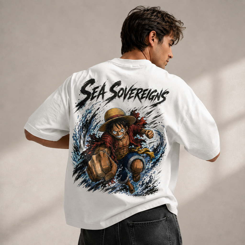 One Piece Anime Graphic Tee - Sea Sovereigns: Luffy Full Force Oversized Streetwear