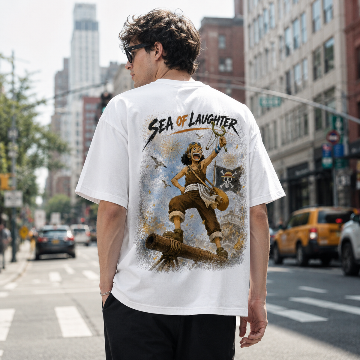 One Piece Anime Graphic Tee - Sea of Laughter: Usopp, the Cannon and the Raised Slingshot