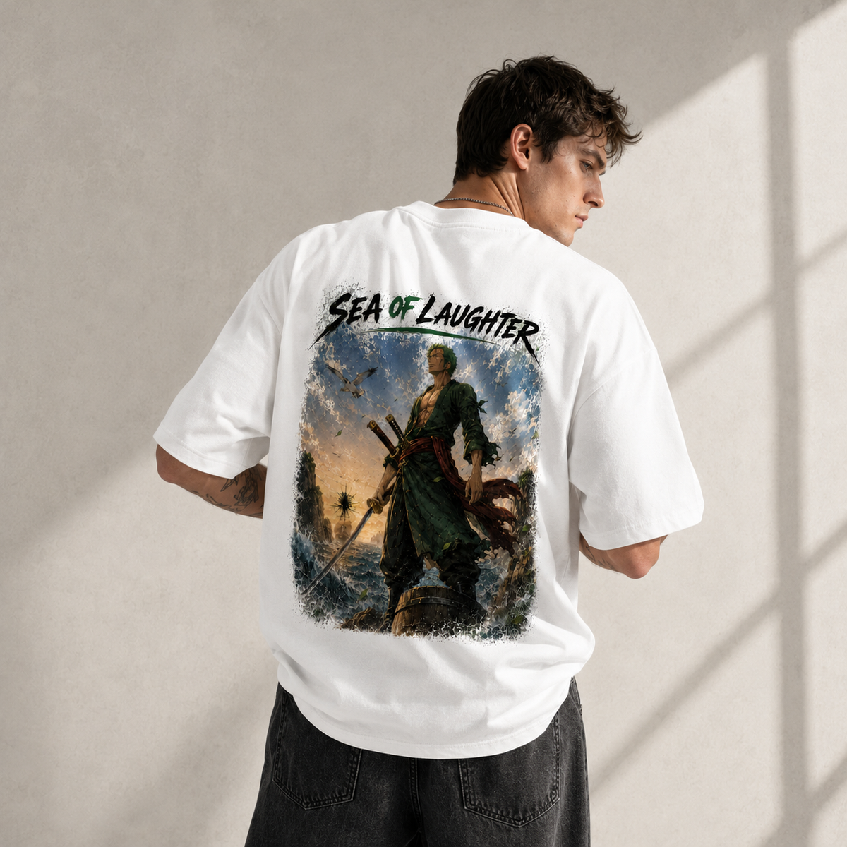 One Piece Anime Graphic Tee - Sea of Laughter: Zoro's Steady Stance Above the Tide