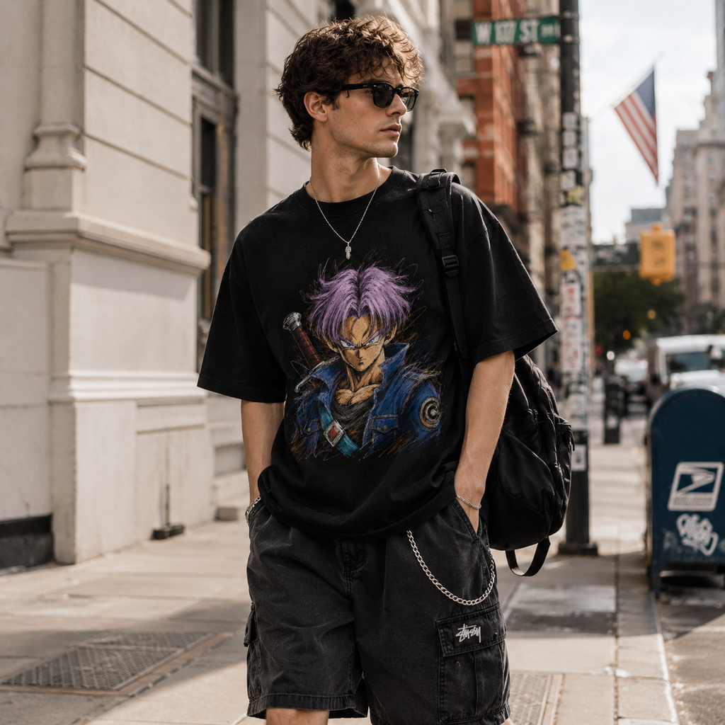 Dragon Ball Anime Graphic Tee - Sketched Resolve: Trunks, Lavender Lines and a Steady Stare