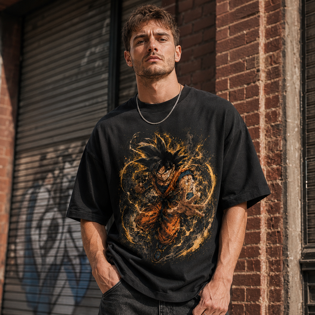 Dragon Ball Anime Graphic Tee - Amber Surge: Goku Unleashed, Directional