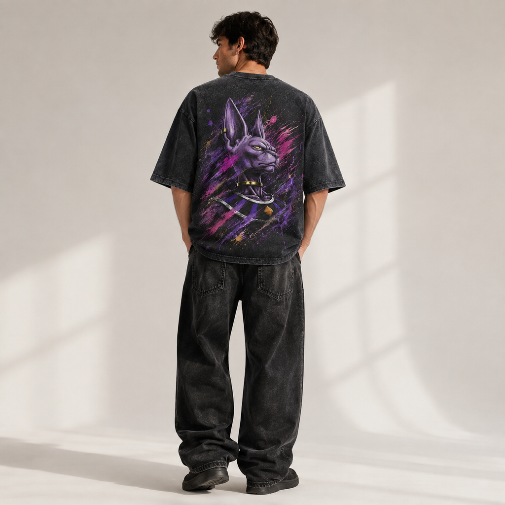 Dragon Ball Anime Graphic Tee - Violet Composure: Beerus in Splattered Portrait Stillness