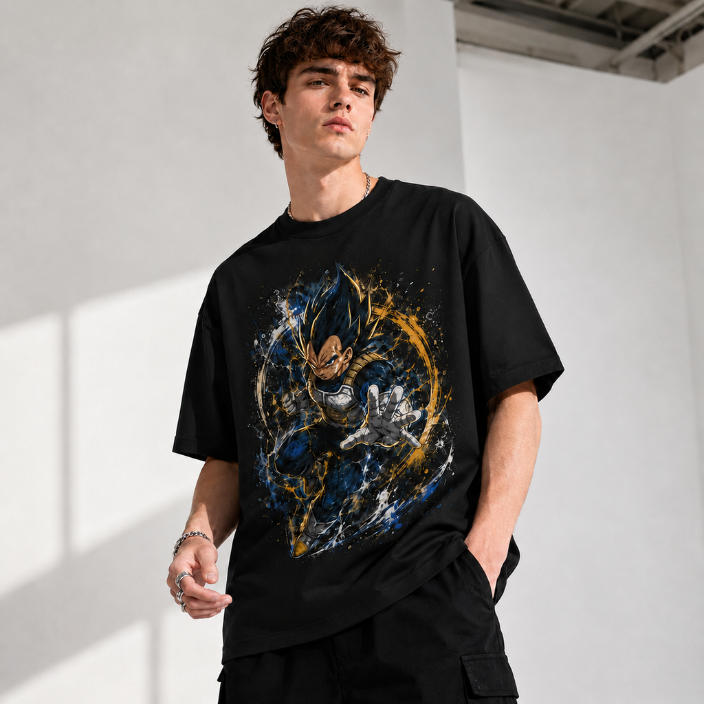 Dragon Ball Anime Graphic Tee - Obsidian Charge: Vegeta, Gold Arcs and Explosive Form