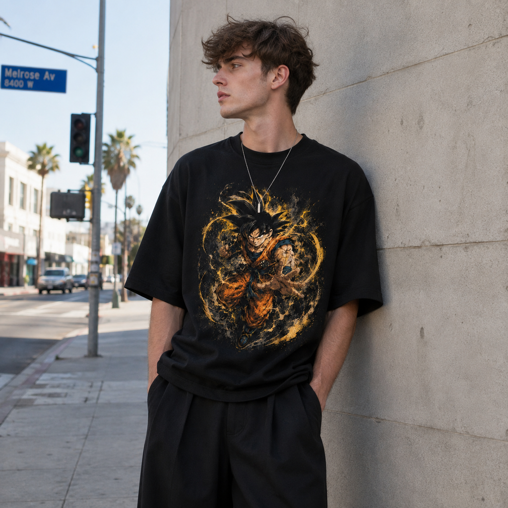 Dragon Ball Anime Graphic Tee - Amber Surge: Goku Unleashed, Directional