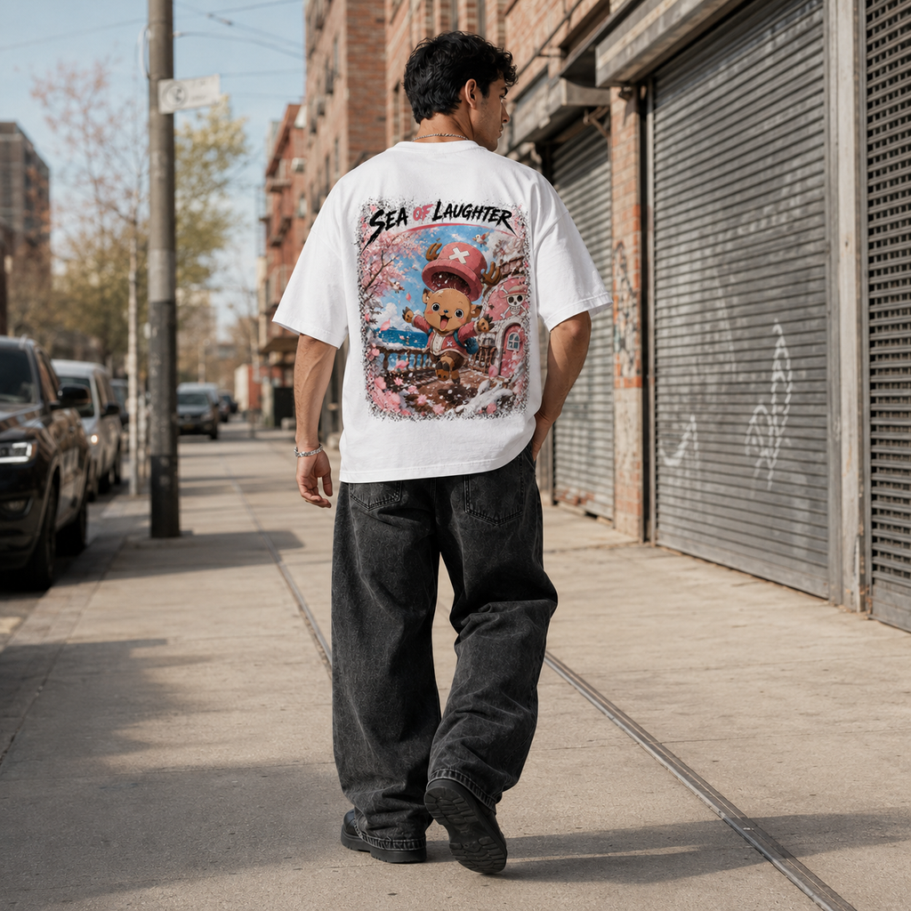One Piece Anime Graphic Tee - Sea of Laughter: Chopper in Blossom, Movement and Joy