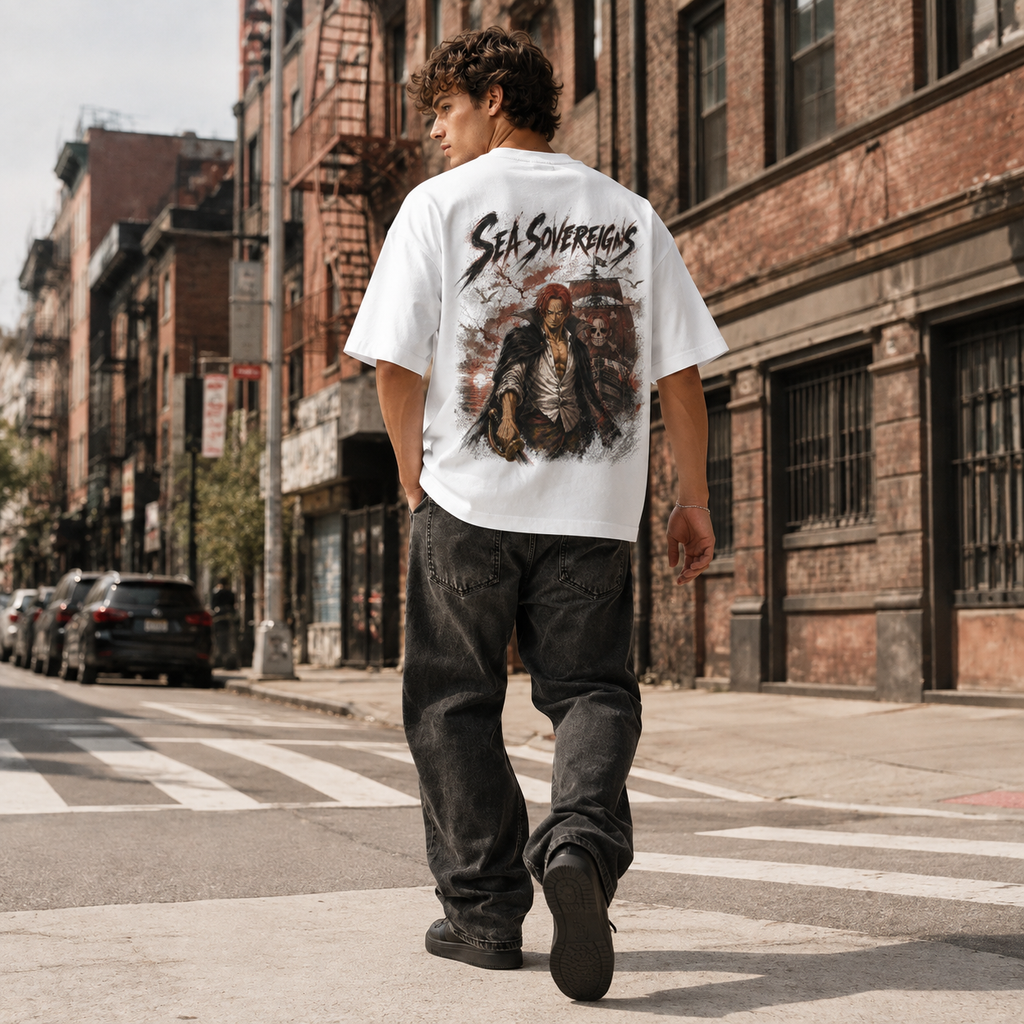 One Piece Anime Graphic Tee - Sea Sovereigns: Shanks, Crimson Ink and Commanding Presence