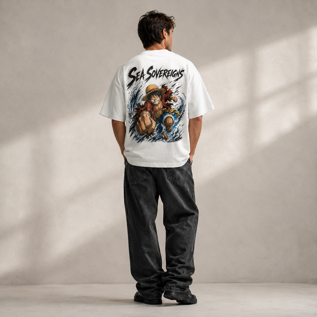 One Piece Anime Graphic Tee - Sea Sovereigns: Luffy Full Force Oversized Streetwear
