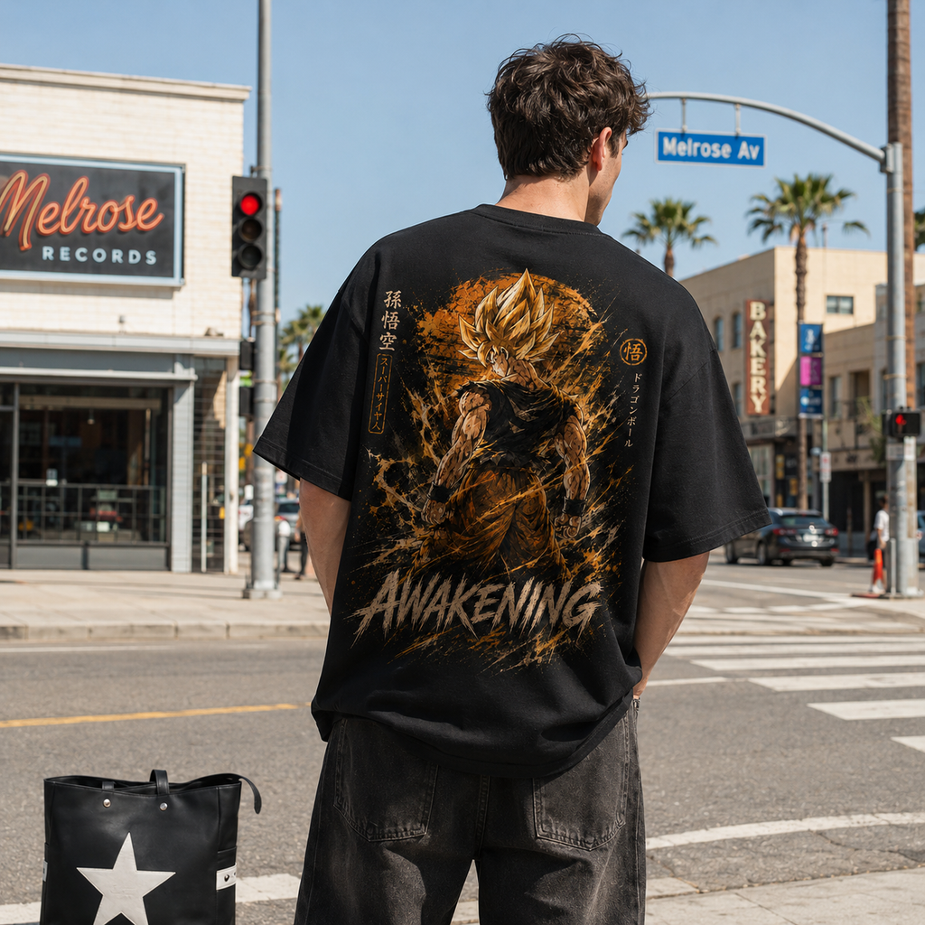 Dragon Ball Anime Graphic Tee - Awakening: Goku Mid-Transformation, Raw Power in Gold