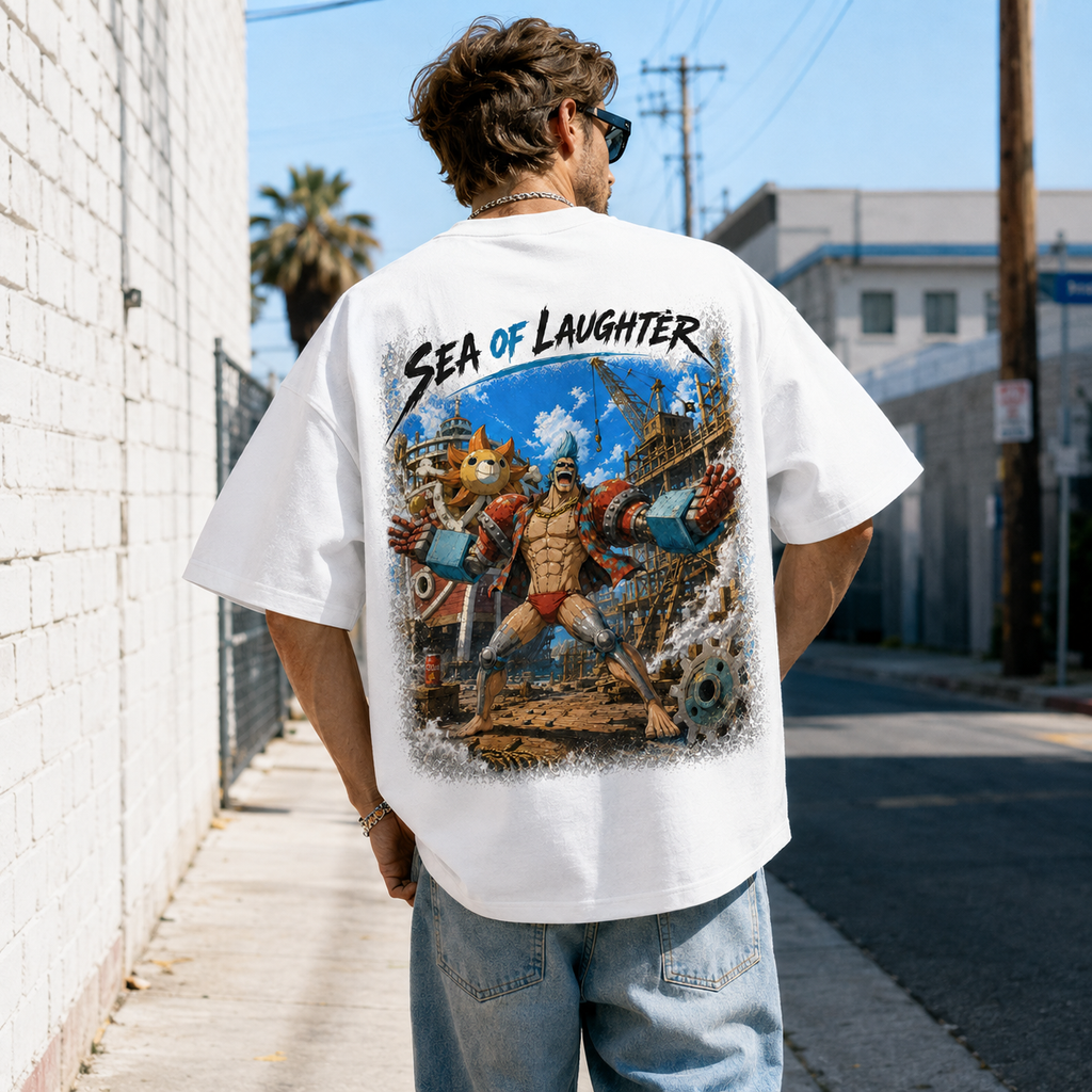 One Piece Anime Graphic Tee - Sea of Laughter: Franky, Dockyard Stance in Full Motion