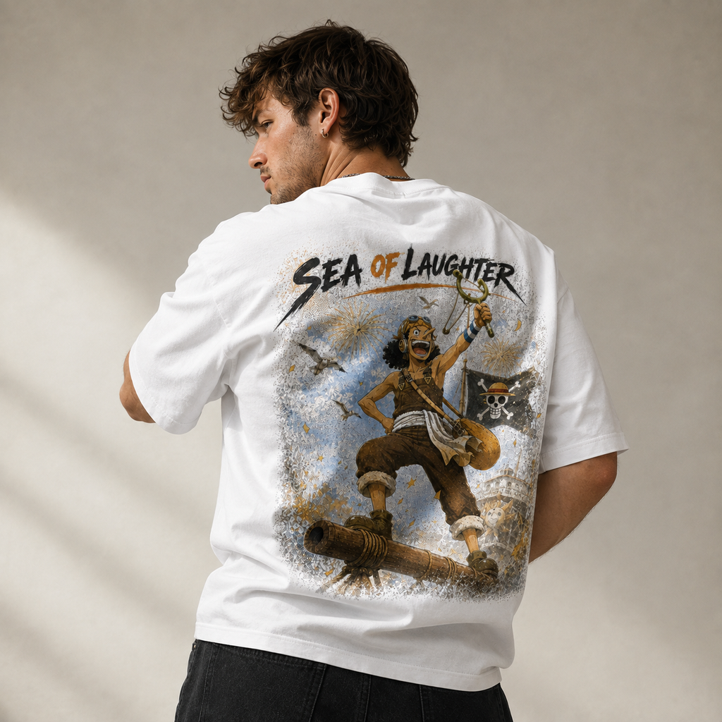 One Piece Anime Graphic Tee - Sea of Laughter: Usopp, the Cannon and the Raised Slingshot