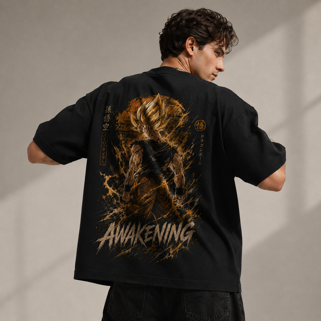 Dragon Ball Anime Graphic Tee - Awakening: Goku Mid-Transformation, Raw Power in Gold