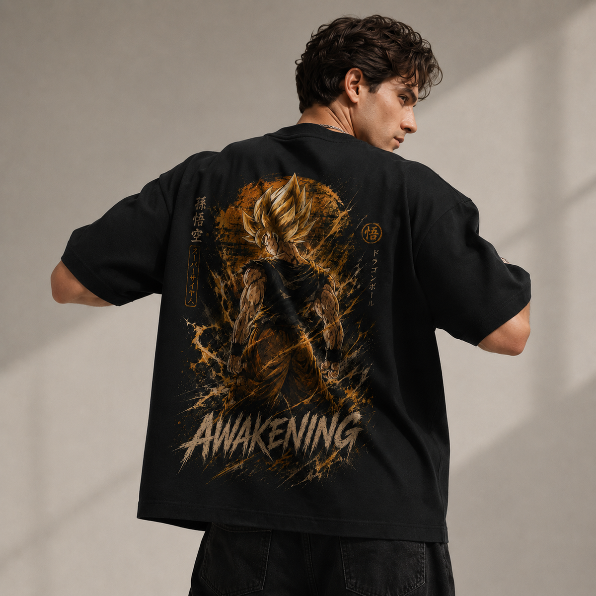 Dragon Ball Anime Graphic Tee - Awakening: Goku Mid-Transformation, Raw Power in Gold